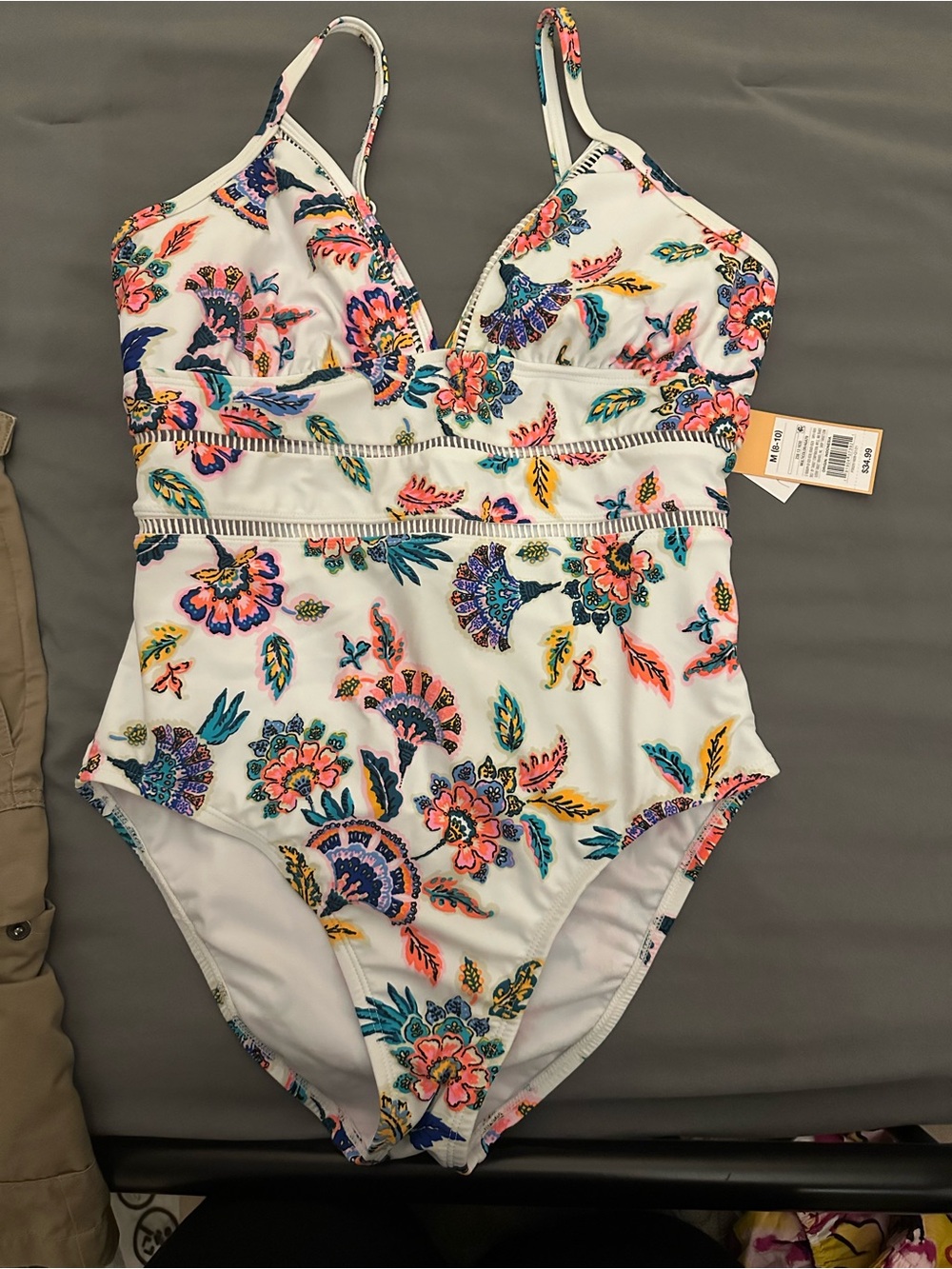 Target White Floral Print One-Piece Swimsuit with Pink, Blue & Yellow Accents - Picture 2 of 2